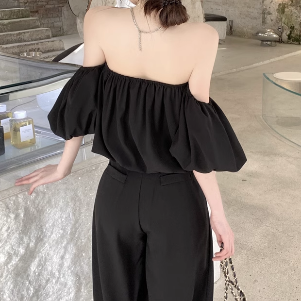 Puff Sleeve Off-Shoulder Top Suit Wide-Leg Trousers Set