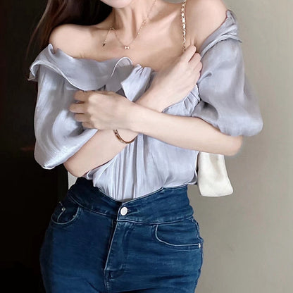 One-Line Collar Top Ruffled Off-Shoulder Chiffon Shirt