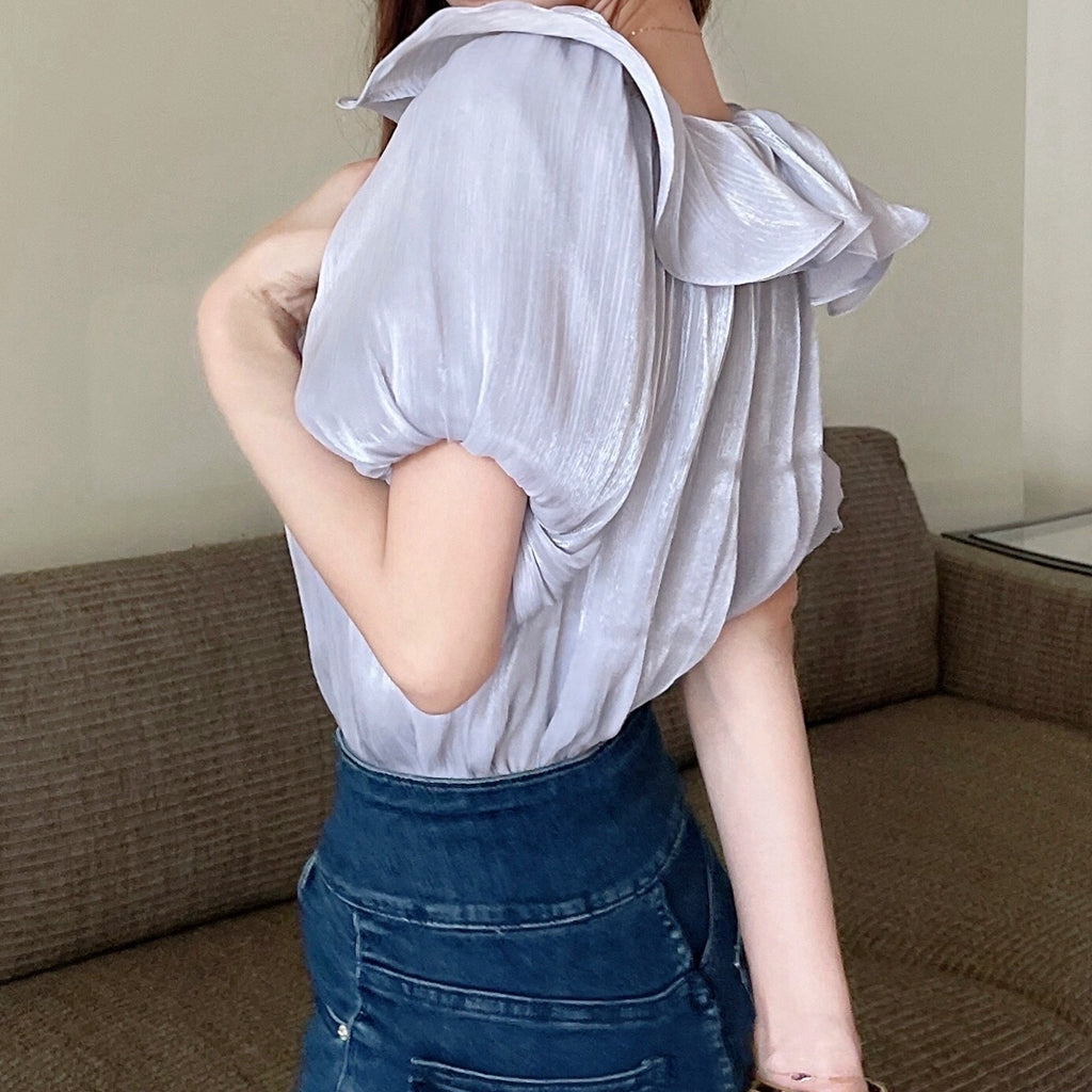 One-Line Collar Top Ruffled Off-Shoulder Chiffon Shirt