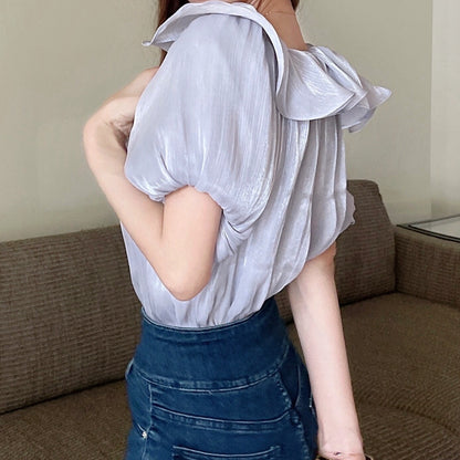 One-Line Collar Top Ruffled Off-Shoulder Chiffon Shirt