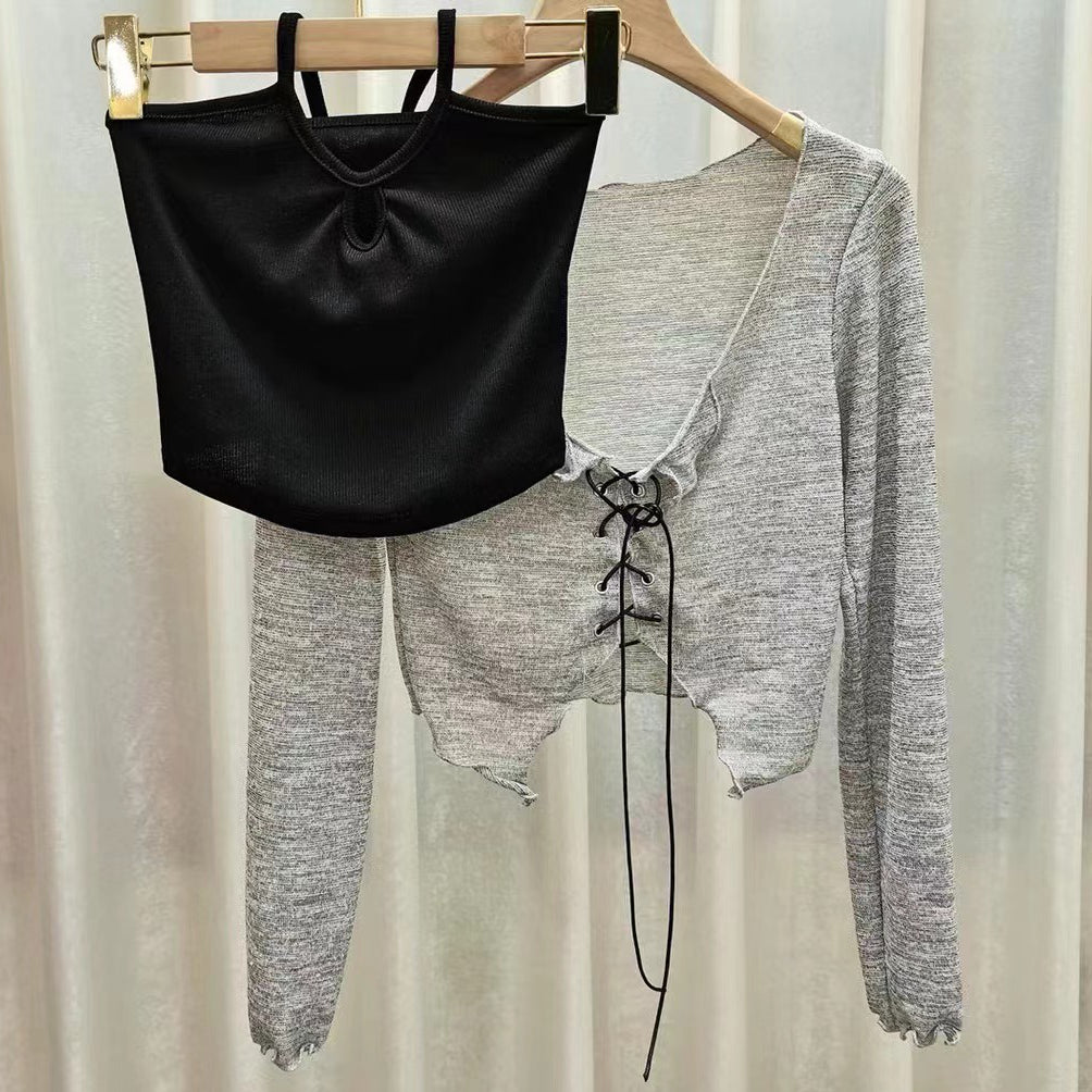 Long Sleeve Knitted Sweater Halter Top Short Set