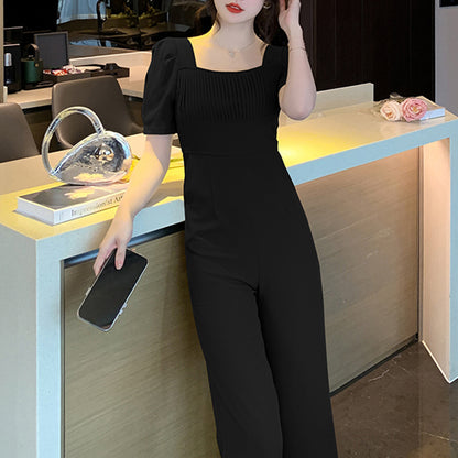 Fashionable Square Neck Pleated Simple Waist Slimming Jumpsuit