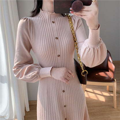 Half Turtleneck Lantern Sleeve Knit Dress