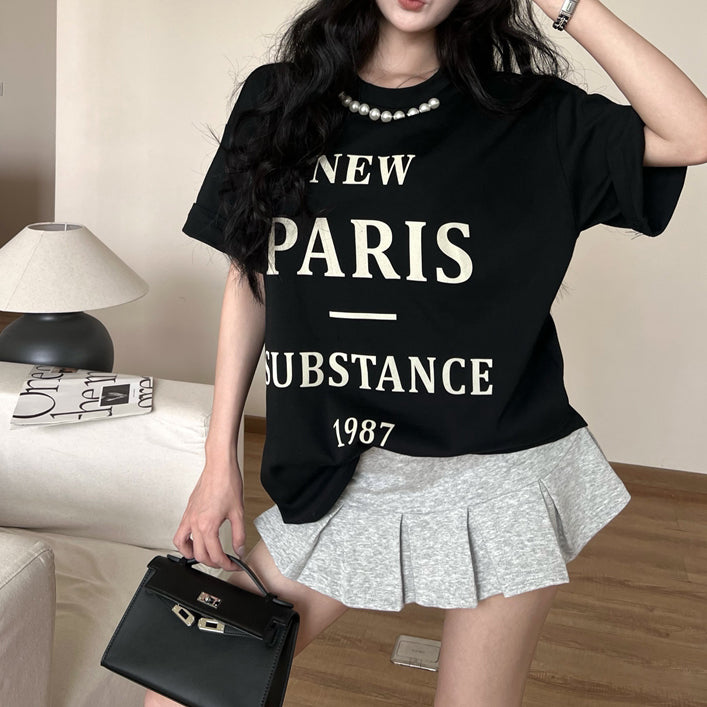 Vintage Letter Print Pearl Loose Short-Sleeved T-Shirt