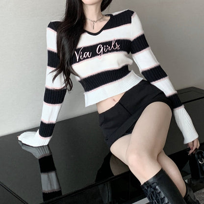 Embroidered Knitted Striped Sweater Long-Sleeved Top