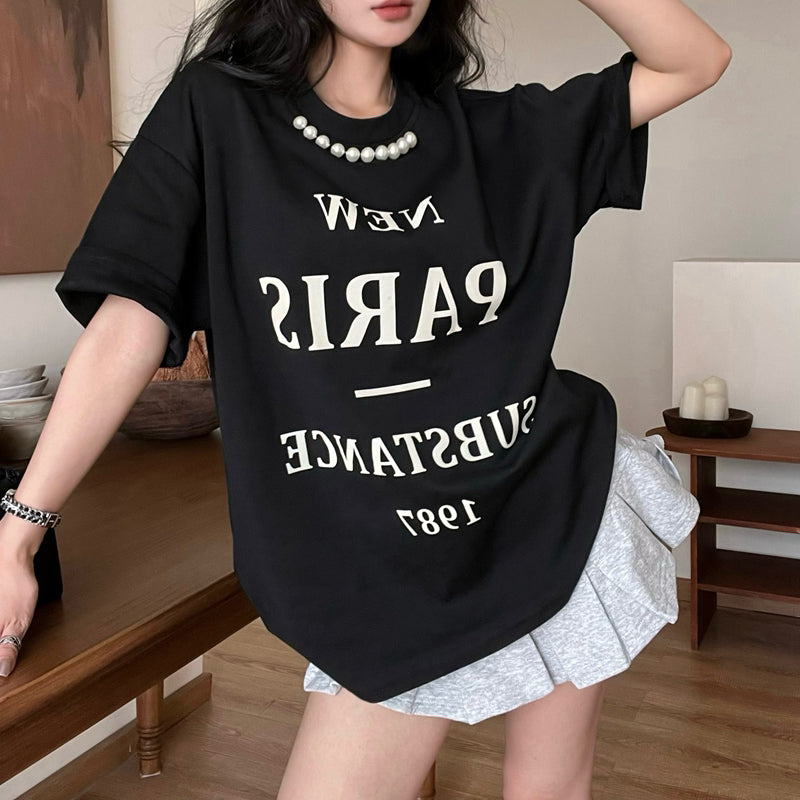 Vintage Letter Print Pearl Loose Short-Sleeved T-Shirt