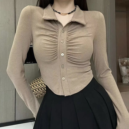 Polo Neck Sweater Pleated Long Sleeve Cardigan Top