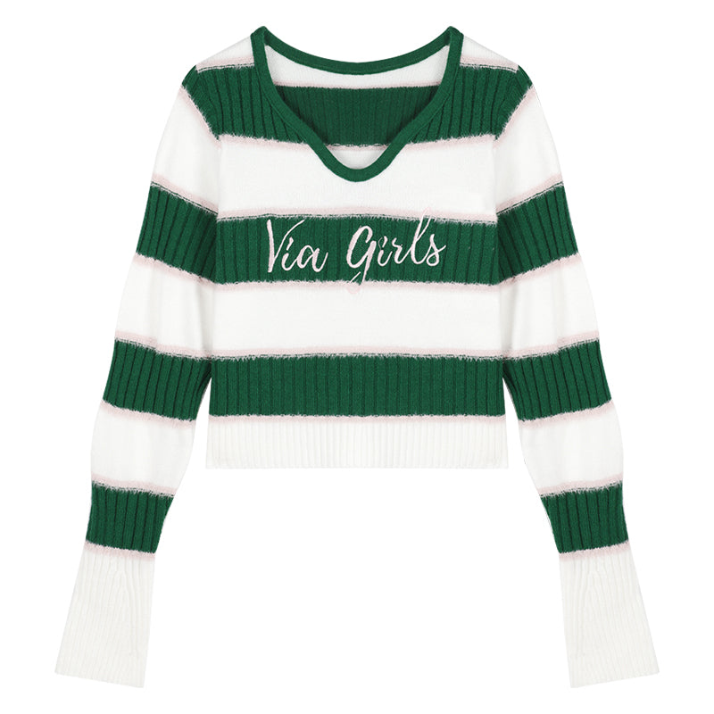 Embroidered Knitted Striped Sweater Long-Sleeved Top