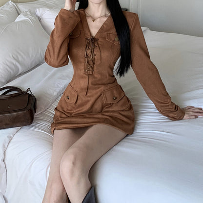 V-Neck Strappy Buckskin Velvet Bodycon Wrap Hip Dress