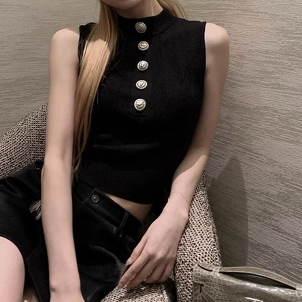 Half-High Collar Metal Buckle Knitted Camisole Top