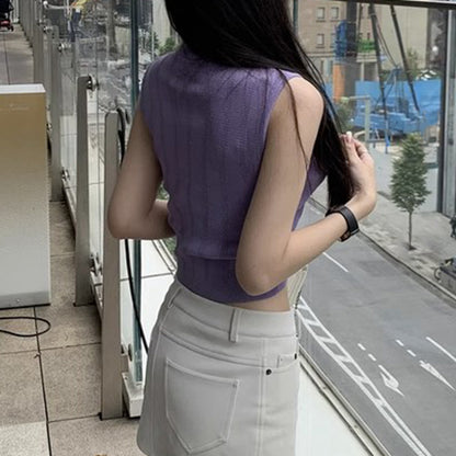 Half-High Collar Metal Buckle Knitted Camisole Top