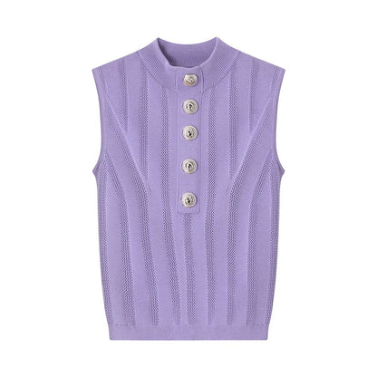 Half-High Collar Metal Buckle Knitted Camisole Top