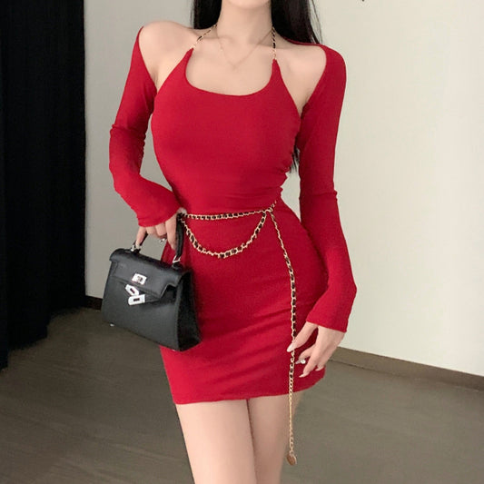 Solid Color Long Sleeve Cardigan Halter Neck Dress