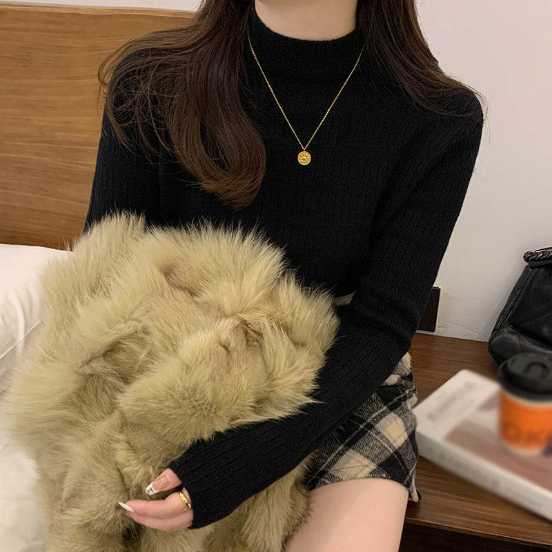 Warm Sweater Half Turtleneck Knitted Mink Velvet Top