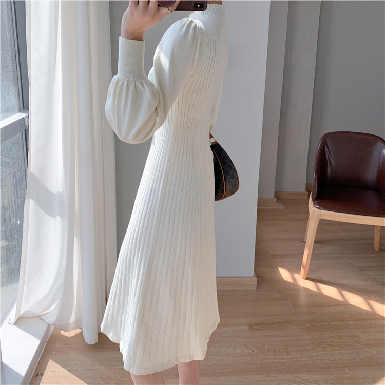 Half Turtleneck Lantern Sleeve Knit Dress