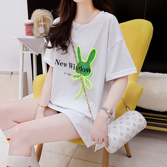 Rabbit Letter Print Round Neck Short-Sleeved T-Shirt