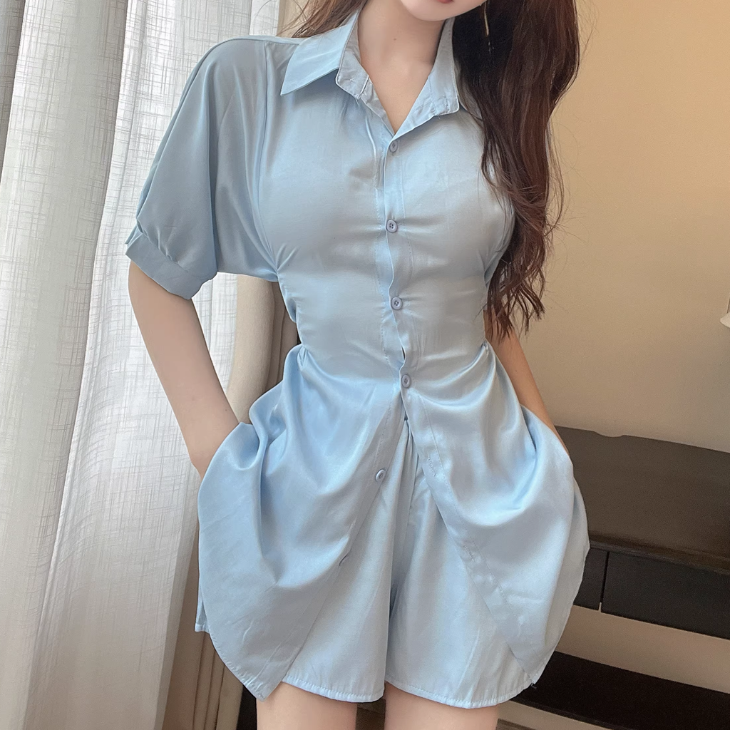 Waist-Tie Lace-Up Short-Sleeved Shirt Dress