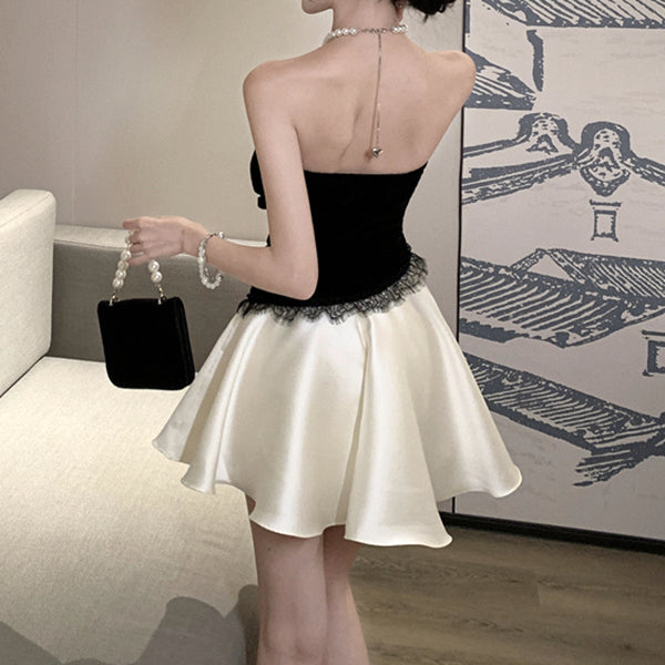 Pearl Halter Neck Splicing Princess Puffy Dress