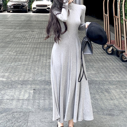 Streamlined Gray Elastic Half-High Collar Bodycon Dress