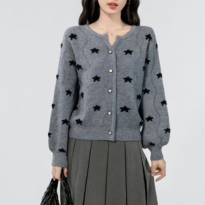 Gray Embroidered Five-Pointed Star Knitted Cardigan