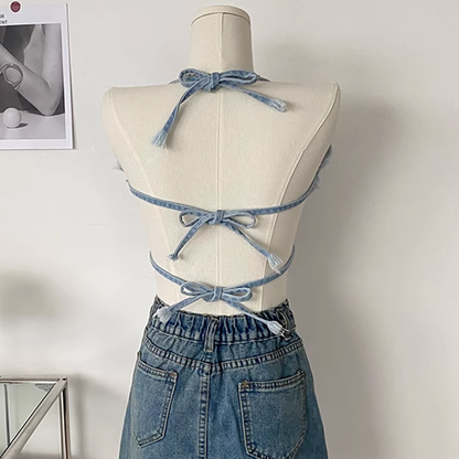 Butterfly Backless Denim Cropped Tank Top