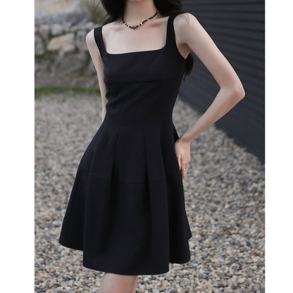 Sleeveless Square Neck High Waisted Black Dress