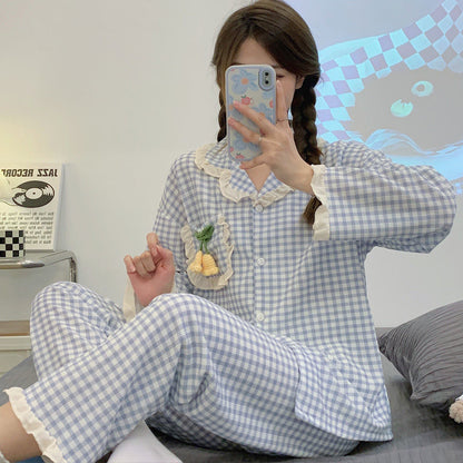 Floral Plaid Ruffle Collar Casual Home Pajamas Set