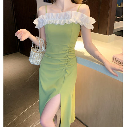 Off-Shoulder Fungus Collar Slit Long Dress