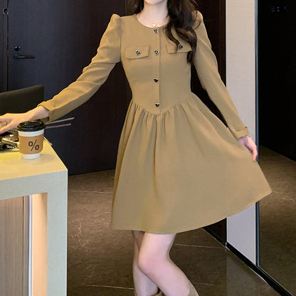 Long-Sleeved High-Waisted Slim Pocket Elegant Dress