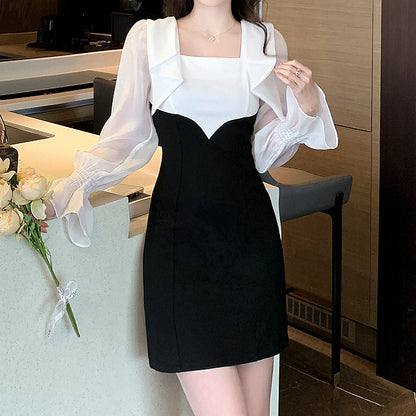 Square Neck Long-Sleeved Color-Blocked Slim Dress