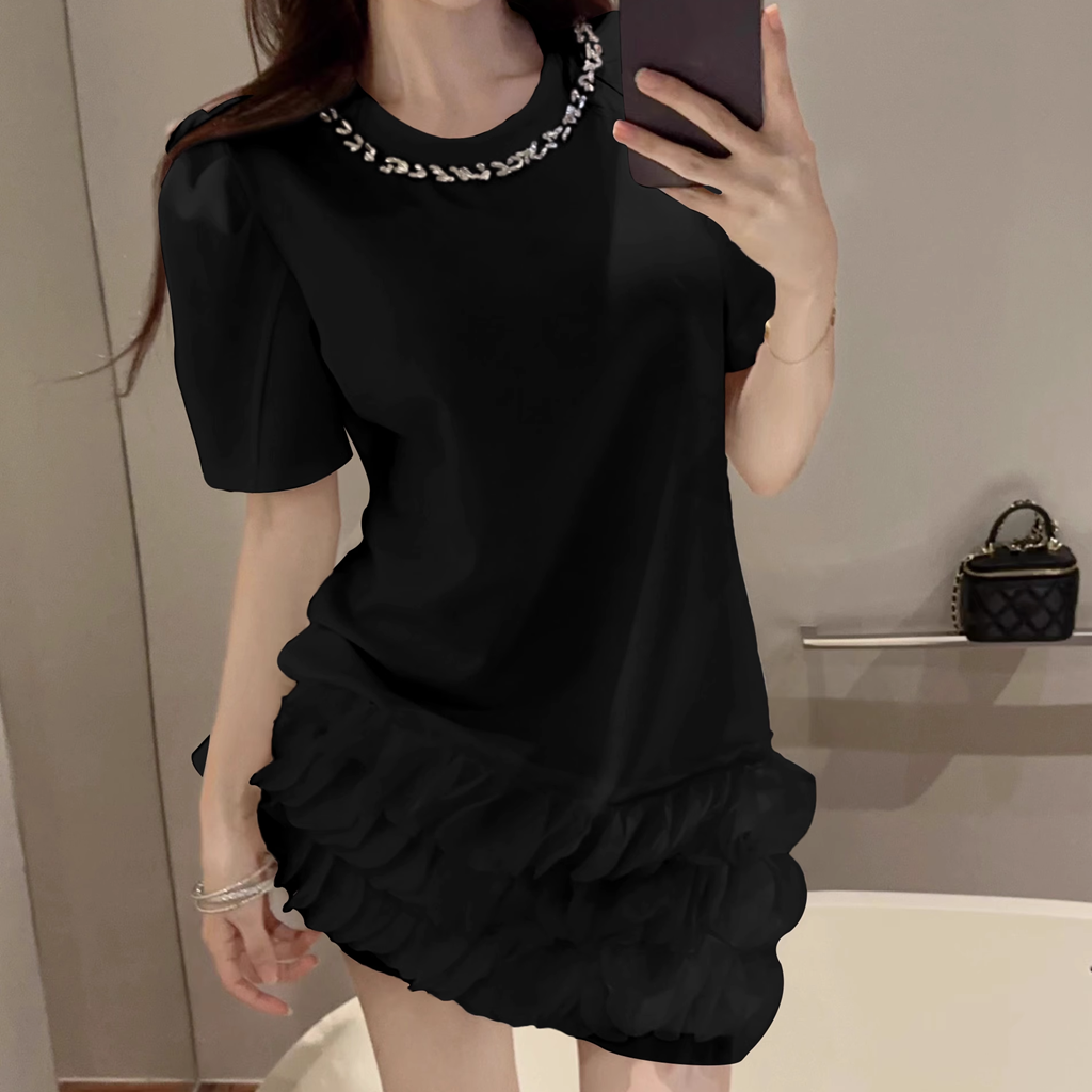 Diamond Round Neck Petal Puff Sleeve T-Shirt Dress