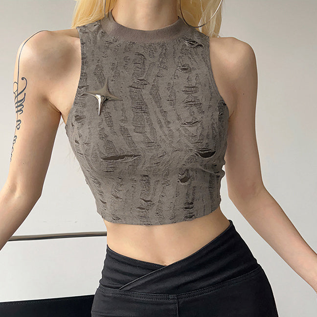 Sleeveless Scrub Crewneck Ripped Cropped Top