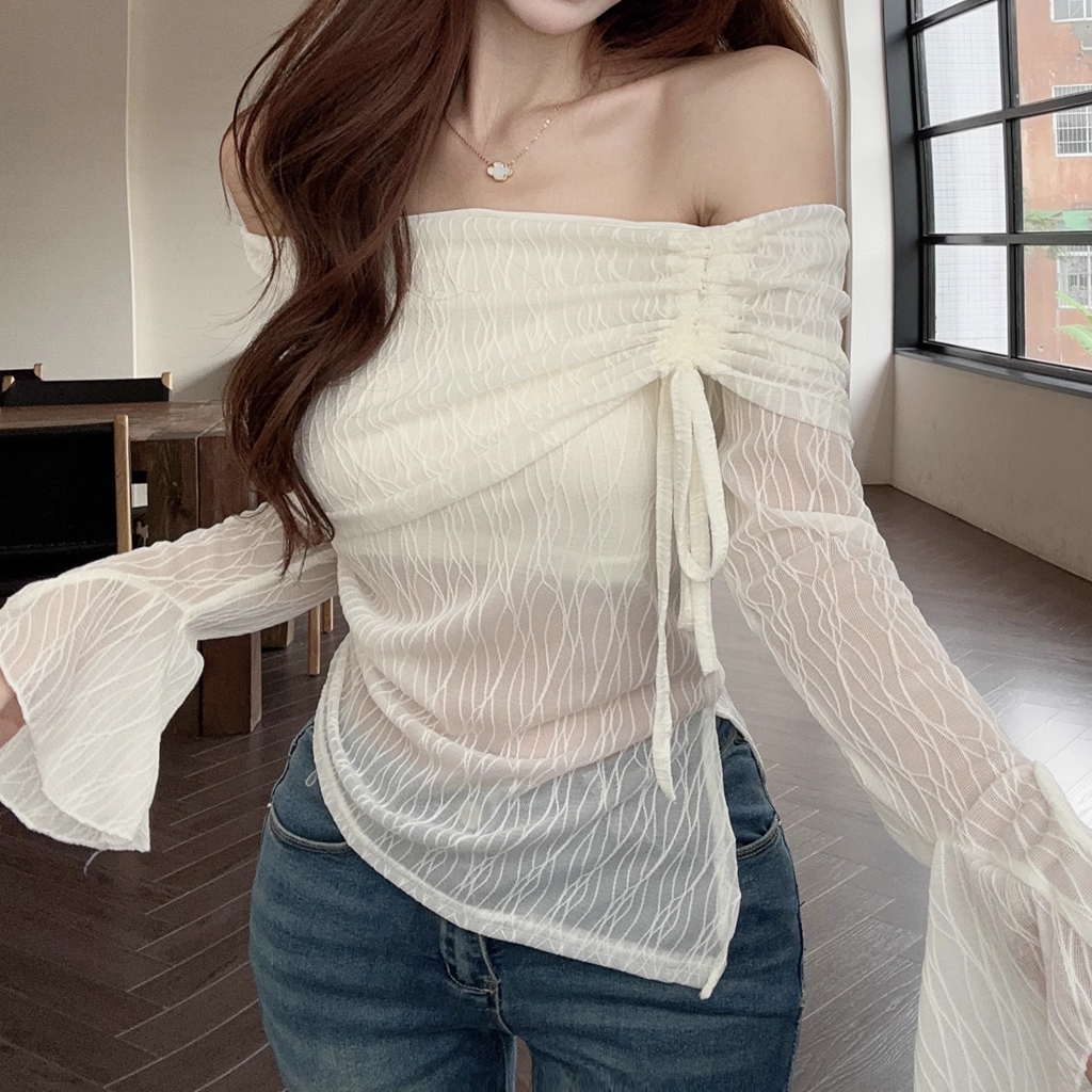 Off-Shoulder Drawstring Irregular Slim Fit T-Shirt