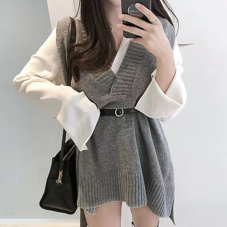 V Neck Loose Sleeveless Belt Knitted Sweater Vest