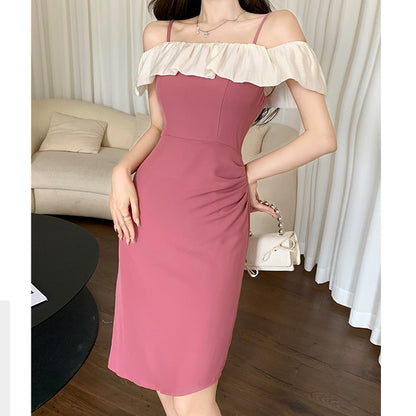 Ruffled Off-Shoulder Irregular Strap Dress