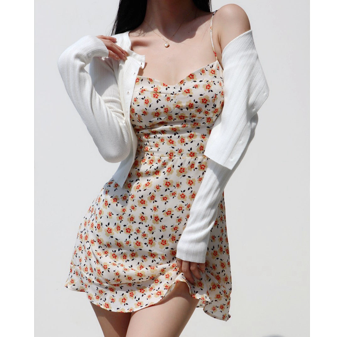 V-Neck High Waist Slim Waist Floral Strap Dress