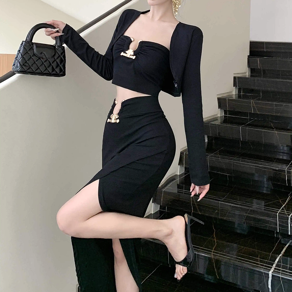 Clavicle-Exposed Tube Top Vest Cape Slit Slim Skirt Set