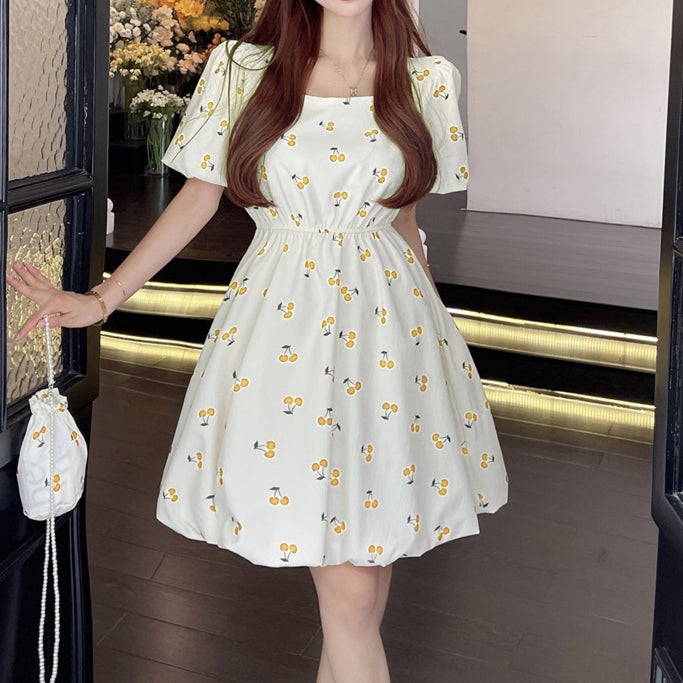 Puff Sleeve Waist Neck Square Neck Floral Dress