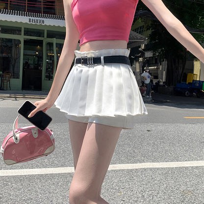 Solid Color Belt High Waist Slim Pleated Skirt