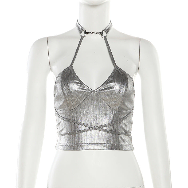 Halter Neck Strapless Backless Silver Cropped Top