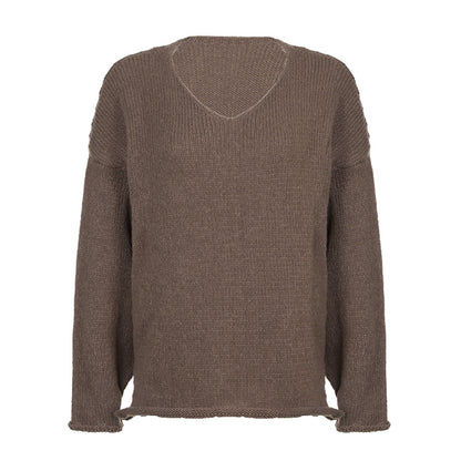 Split Curled V-Neck Loose Brown Knitted Sweater