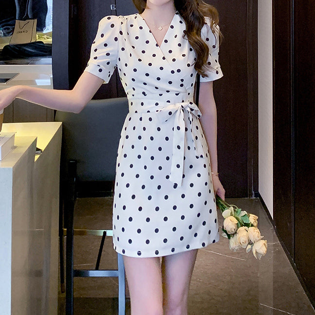 Polka Dot V-Neck Slim Puff Sleeve Lace-Up Dress