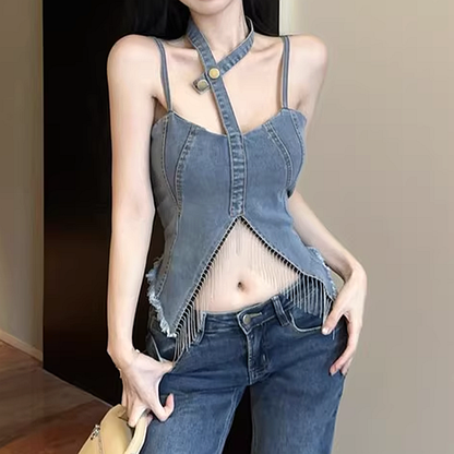 Fringed Irregular Navel-Baring Slim Denim Vest