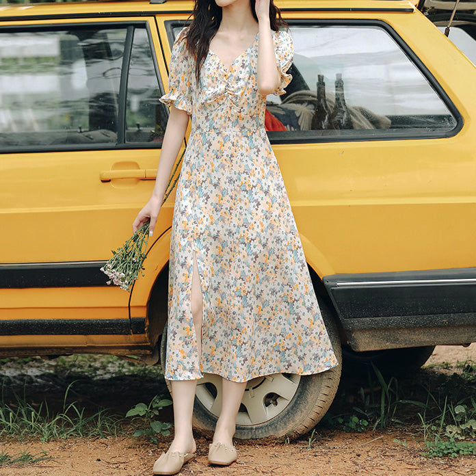 V-Neck Twisted Puff Sleeve Slit Waist Floral Dress