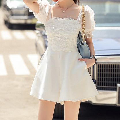 Square Neck Lace Puff Sleeve Slim Fit Jumpsuit