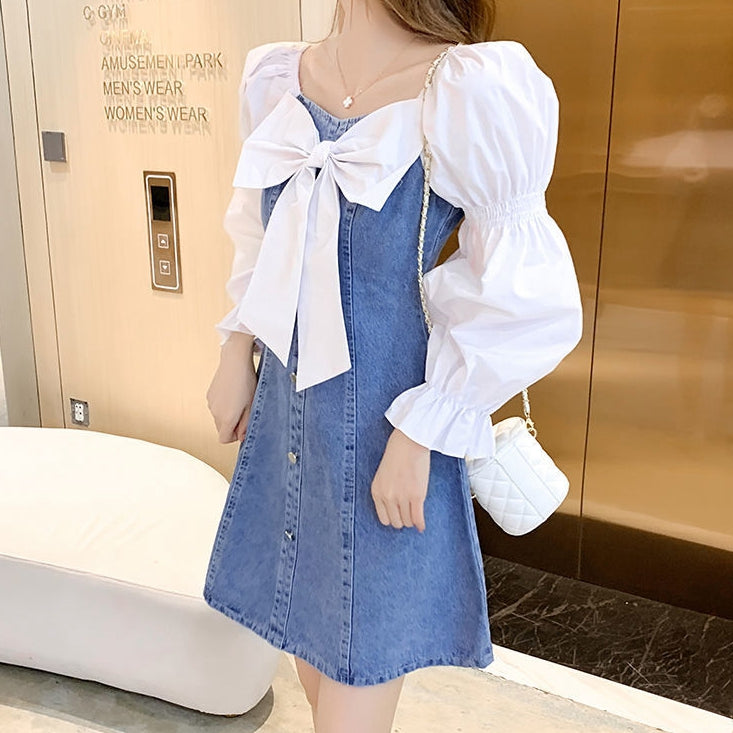 Puff Sleeve Bow Patchwork Denim Dress