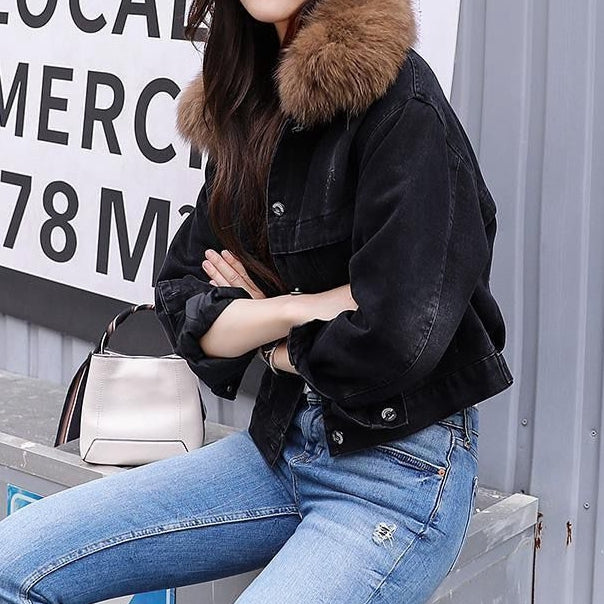 Furry Collar Thickened Plush Warm Denim Jacket