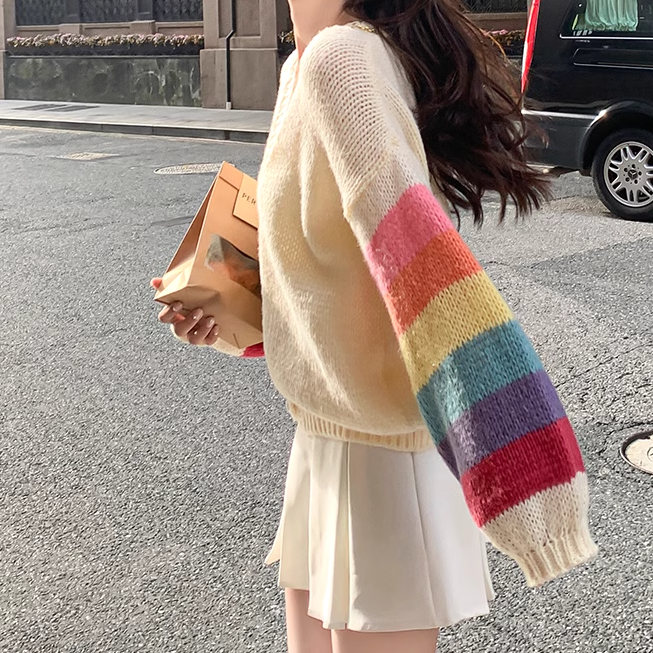 Rainbow Long Sleeve Loose V-Neck Knitted Cardigan