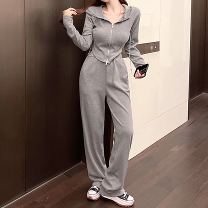 Zipper Hooded Irregular Top Casual Pants Set