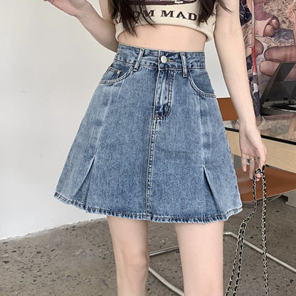 High Waist Slit A-Line Blue Denim Skirt